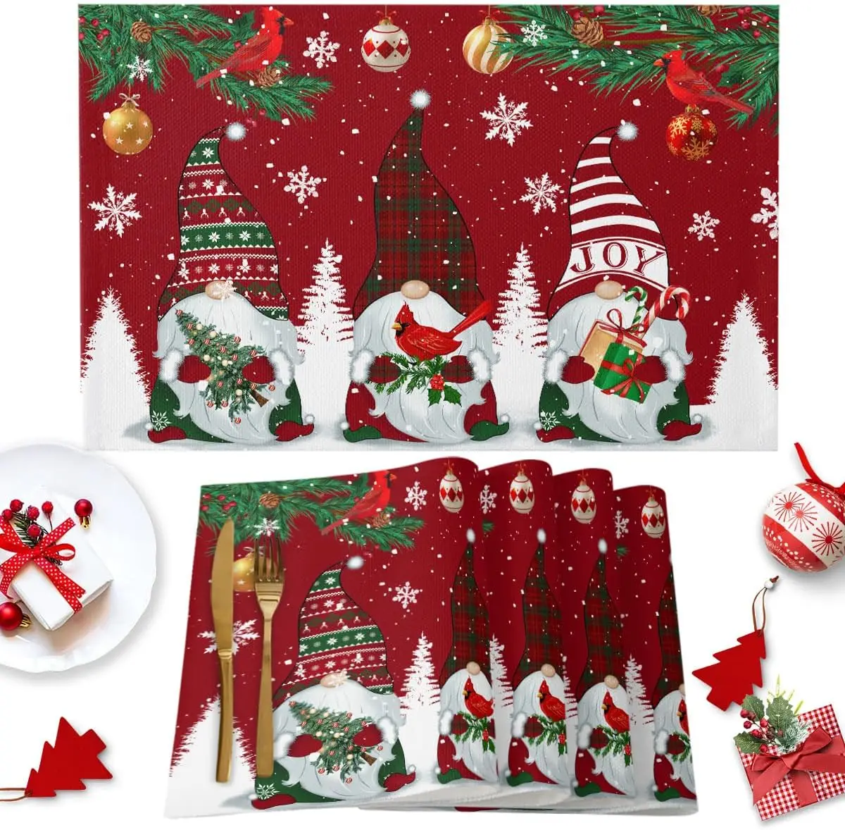 

Christmas Red Placemats 4pcs Winter Gnomes Cardinals Table Mats Washable Stain-Resistant for Party Dining Room Kitchen Decor