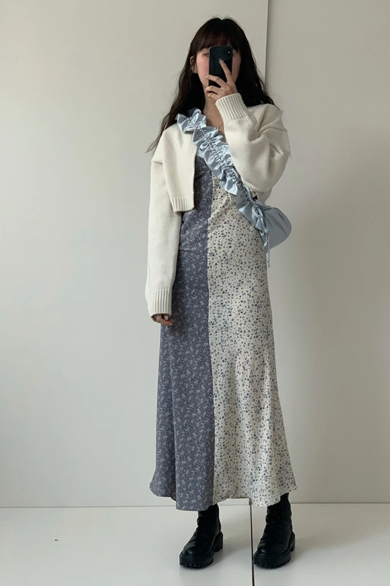 Imprimé Floral ter Dr femmes Chic doux fille v-ne minceur vêtements intérieurs été coréen Sle taille haute longue jupe trapèze