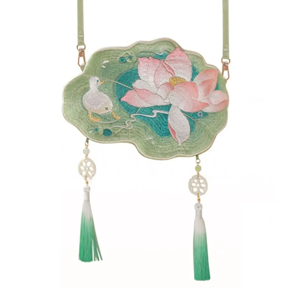 

Sweet Embroidery Lotus Shoulder Bag Antique Style Handmade Chinese Hanfu Bag Traditional Elegant Tassels Phone Pouch Decoration