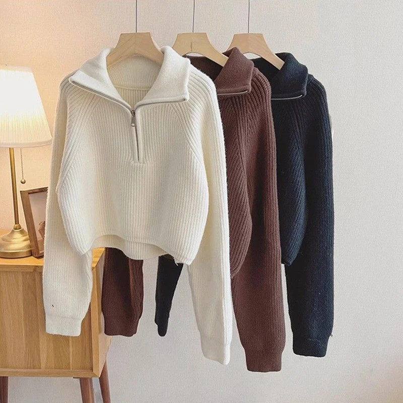 Cropped Sweater Women Fashion Half Zipper Red Knitted Pullovers Korean Black Long Sleeve Knitwear Winter Casual Chic Jumpers New