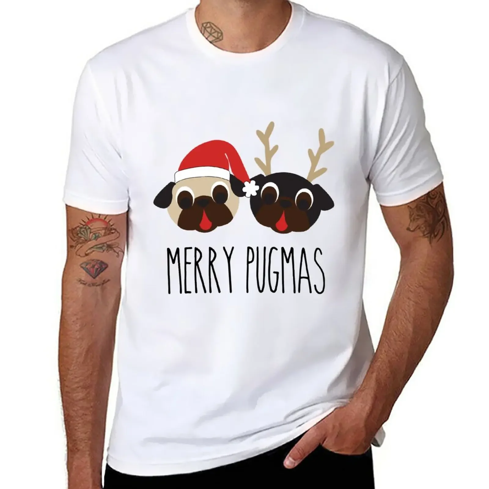 Merry Pugmas Santa & Reindeer Pugs Pattern 2 T-Shirt boys animal print funnys hippie clothes oversizeds Men's clothing