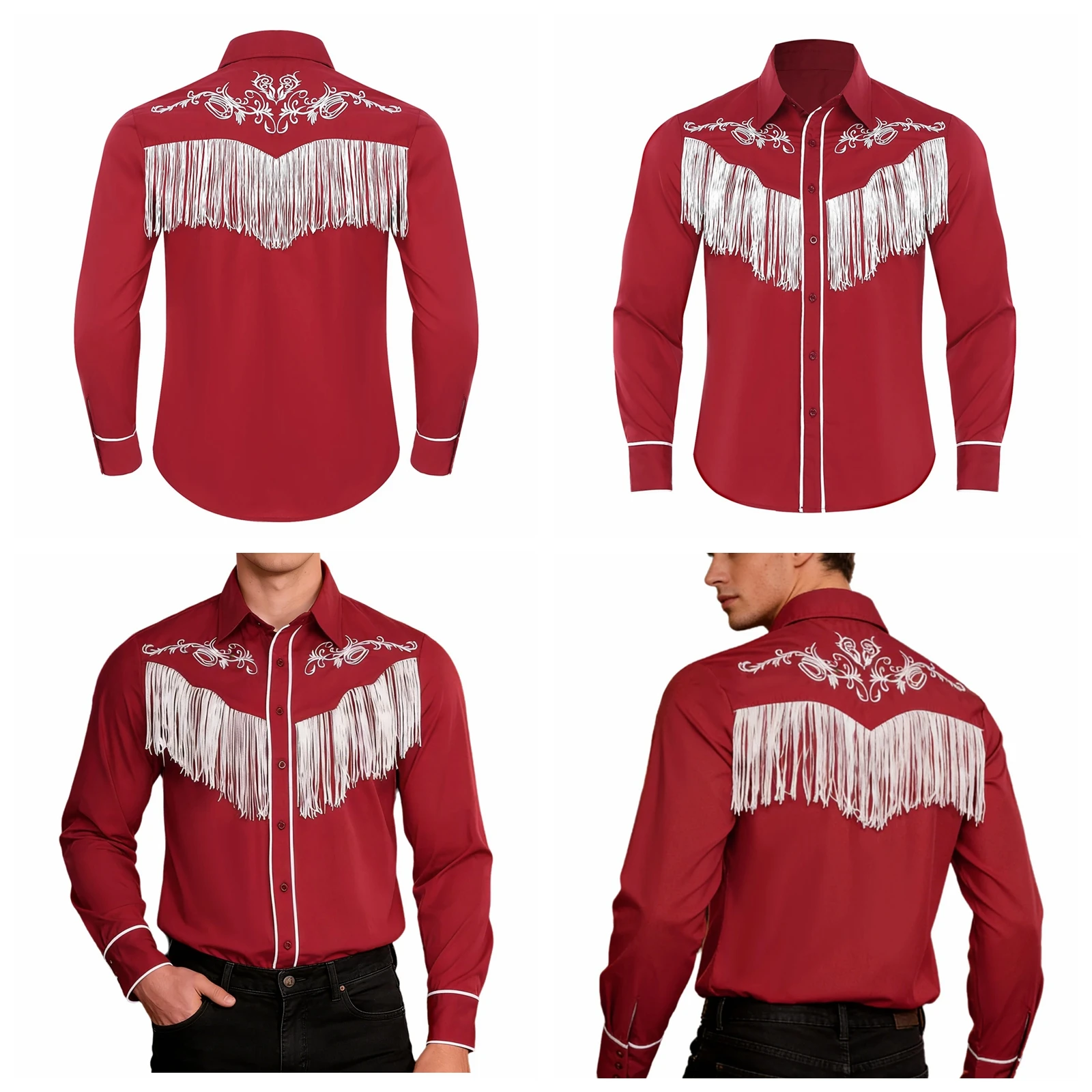 

Men's Tassel Retro Shirts Floral Fringe Top Vintage Shirt 70s Western Cowboy Costume Hippie Clubwear for Rave Dace Party Shirts