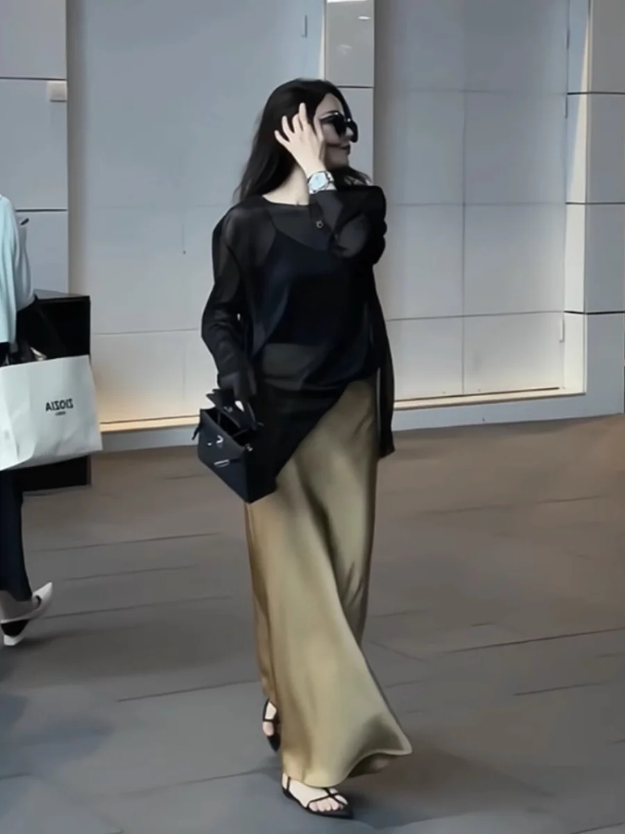 

Emily Clud Premium Acetate Satin f Skirt Sun Protection Top Women's Two-Piece Set Ele Faionable Summer Outfit