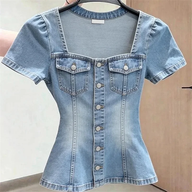 

Women Blouse Korean Version Summer 2026 New Unique Outfit Design Casual Good-looking Square Neck Short Sleeved Denim Shirt