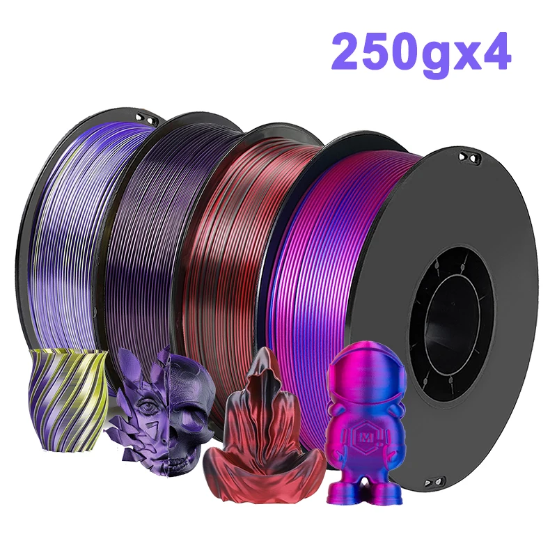 

250 г, 500 г, 1 кг, двухцветная нить для 3D-принтера PLA Silk Blue, фиолетовая, 1,75 мм, двухцветная, шелковая, черная, красная, материал для 3D-печати 250gx4