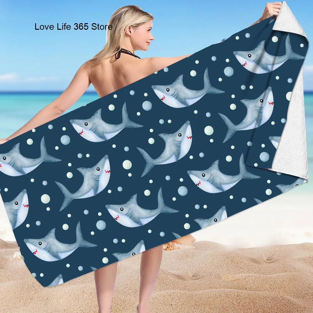 

Cartoon Shark Printed Beach Bath Towel Soft Microfiber Swimming Towels Oversized Super Absorbent Sand Free Thick Towels