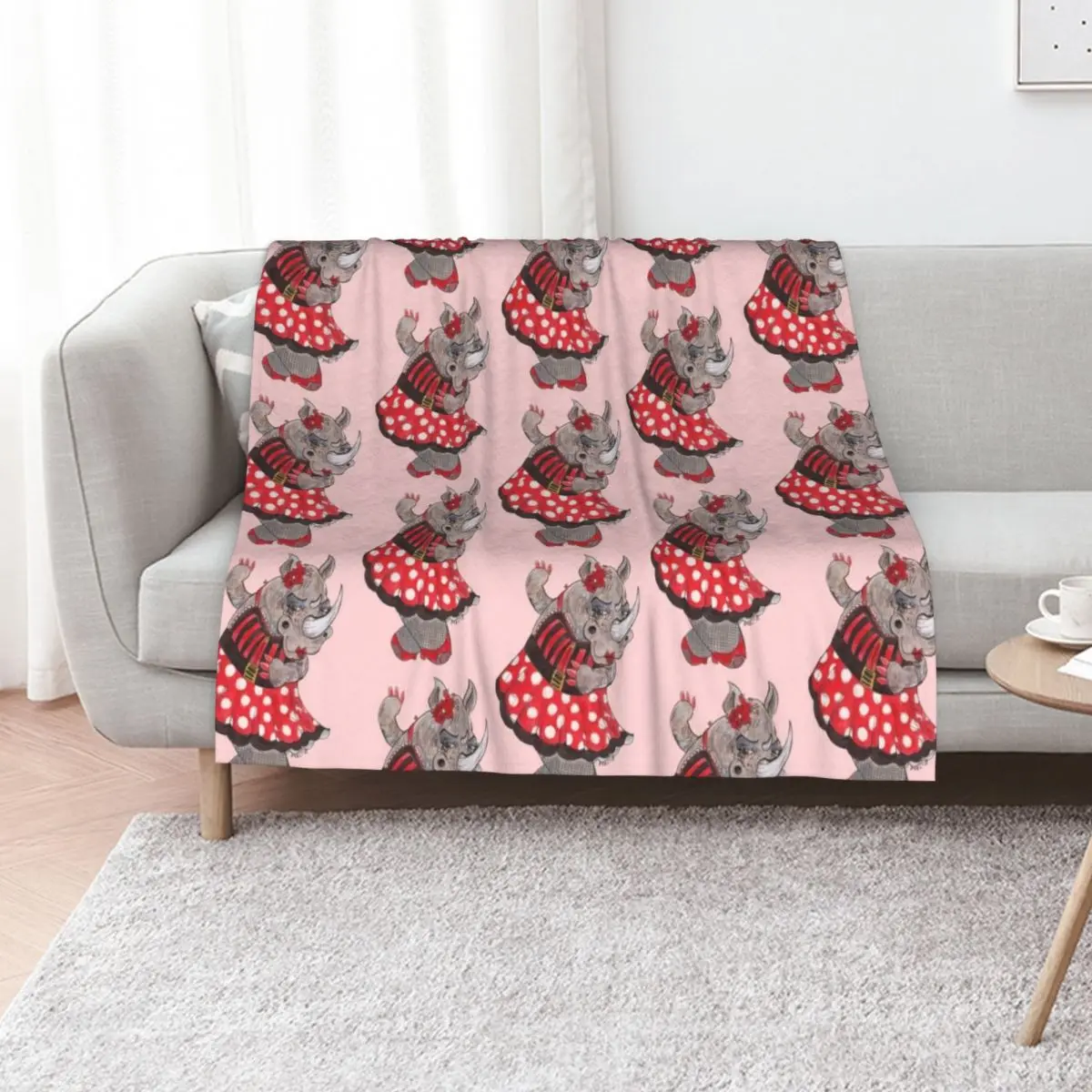 Rhino Gal, Rockabilly Rhinoceros Fashionista Throw Blanket Softest Retros wednesday Furrys Cute Blankets