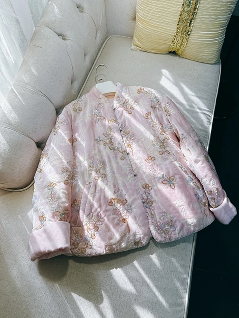 

Retro Chinese Sle Embroidered Girl's Pink Jaet Traditional Costume Women's Faion round Ne Long Sve