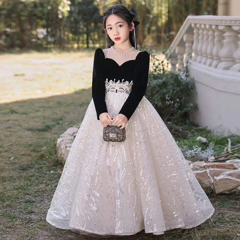 Children Elegant Dress Teenagers Sequins Ball Gowns Girls Clothes Carnival Costume Quinceanera Infants Outfit Matching Princess