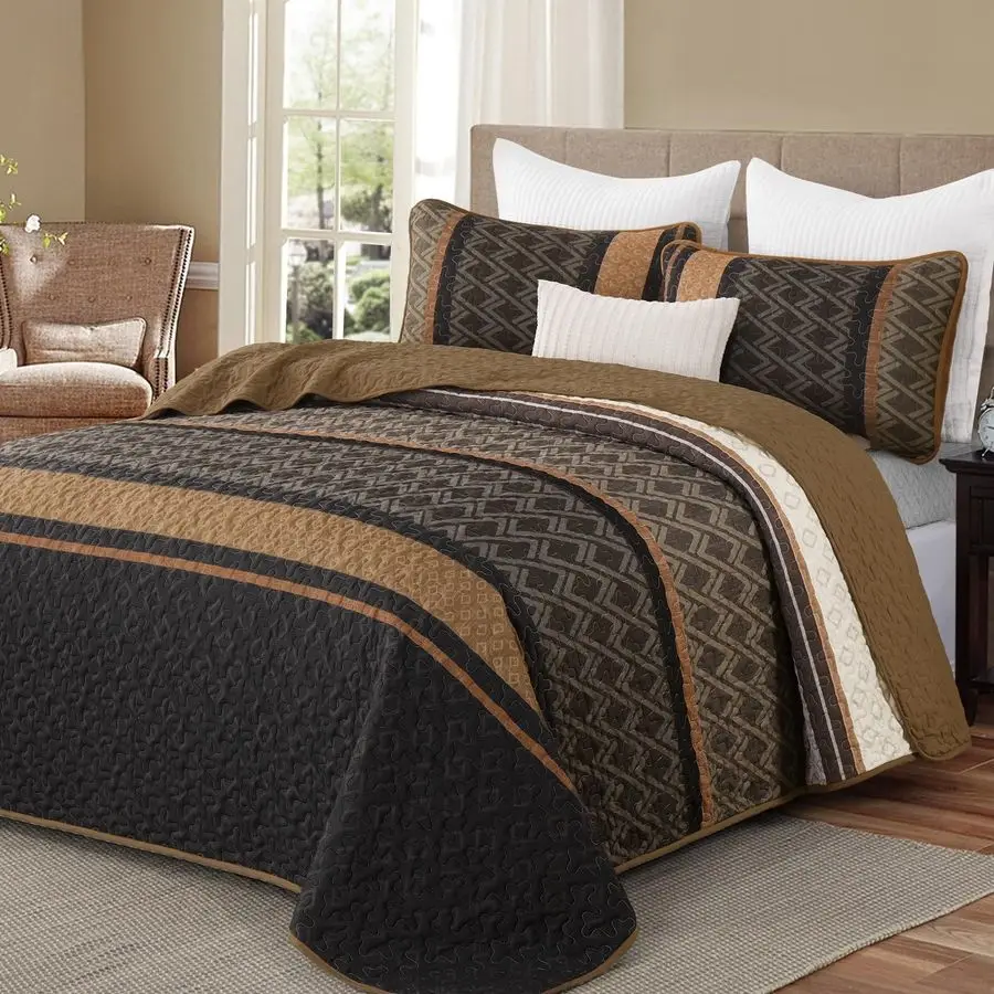 

King Size Quilt Set Boho, Soft 3 Pieces Striped Bedspreads Quilts Brown Bedding Sets Boho Lightweight Quilted Coverlets Set Fall