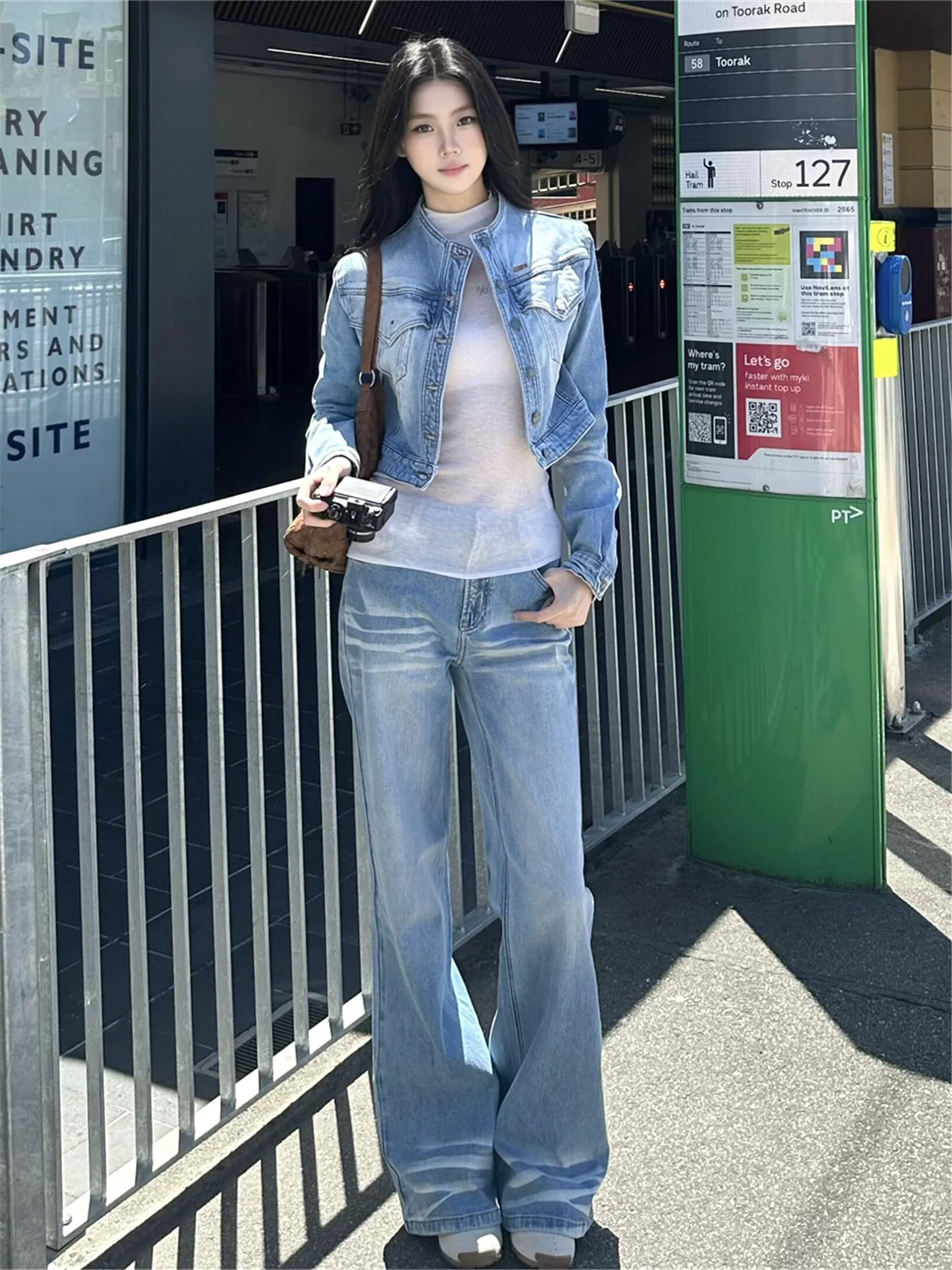 

Tall Women's Loose Wide Leg Blue Jeans Spring Season Drapey Faded Washed Floor-Length Casual Cotton Denim Trousers