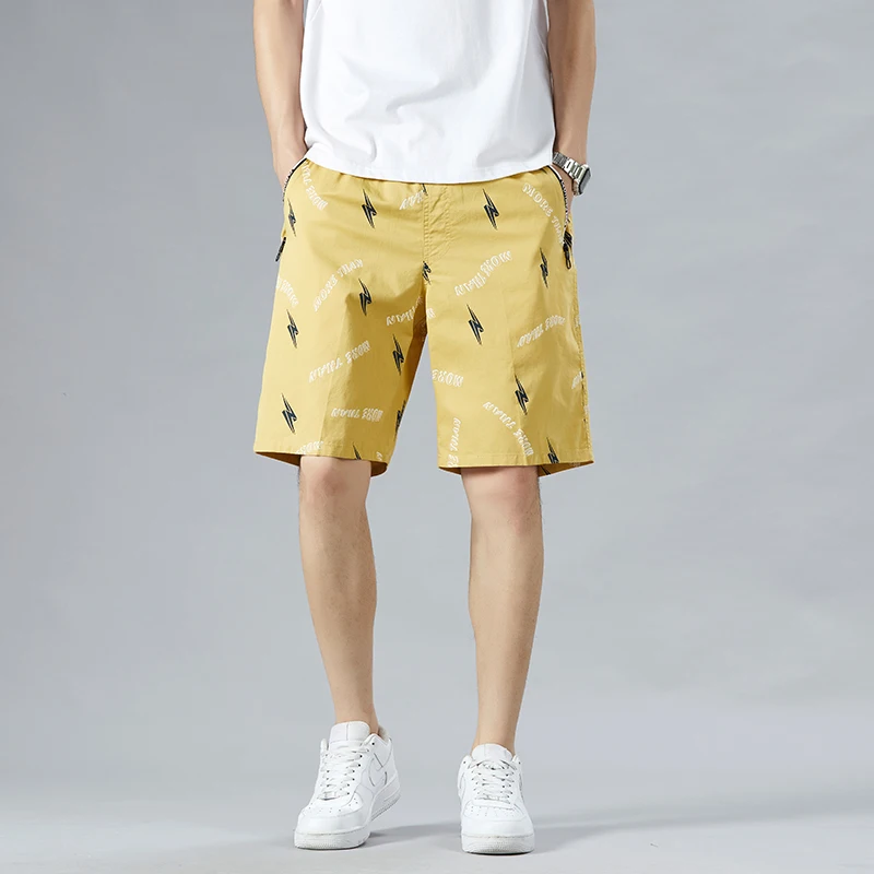 Summer Thin Fashion Letter Casual Shorts Printed Loose Straight Men's Clothing Zipper Pockets Spliced Basic Korean Knee Pants