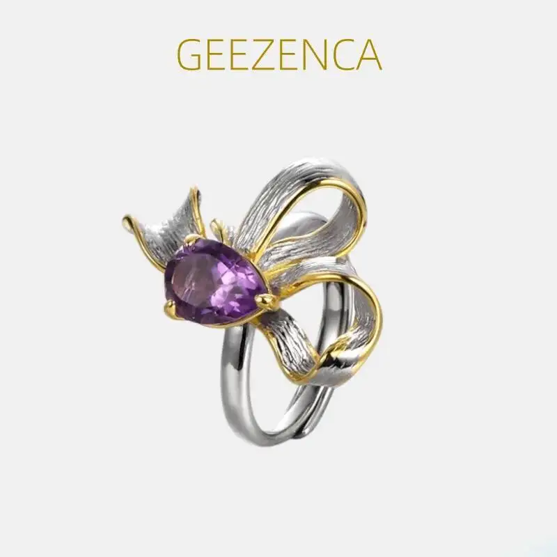 

GEEZENCA 925 Sterling Silver 2-tone Plated Amethyst Bow Adjustable Rings For Women Clearance Limited Stock First Come First Get