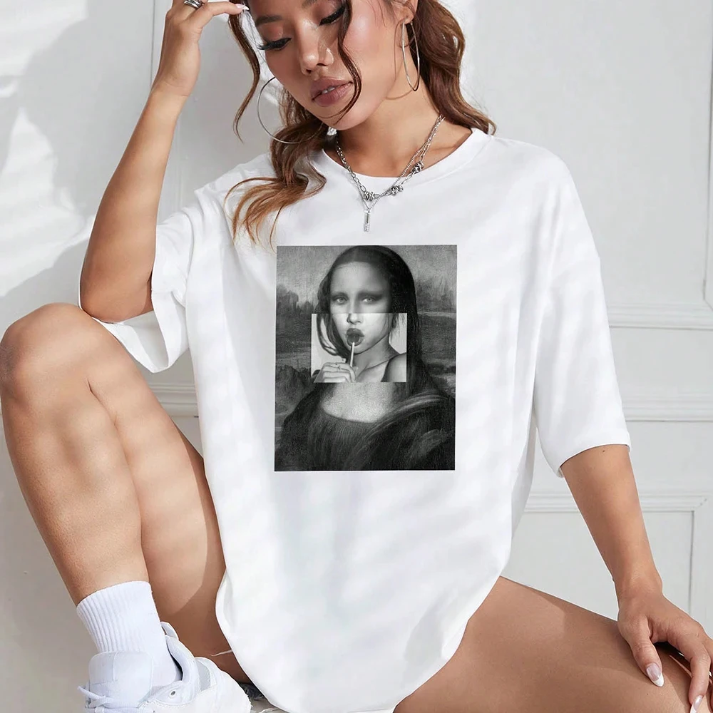 Camisetas divertidas de algodón para mujer, camiseta de manga corta con estampado de Mona Lisa, camisetas holgadas cómodas con personalidad, moda de verano para mujer 51688