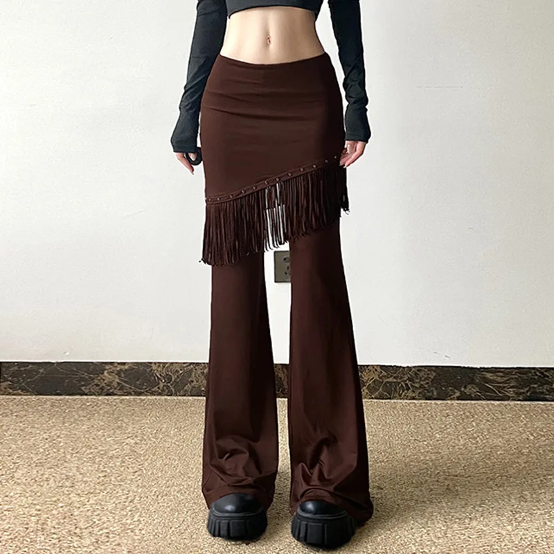 Western Irregular Cropped Studded Fringed Hip Hop Pants Two-Piece Illusion Bell Bottom Pants Dance Booty Low Waist Niche Trouser