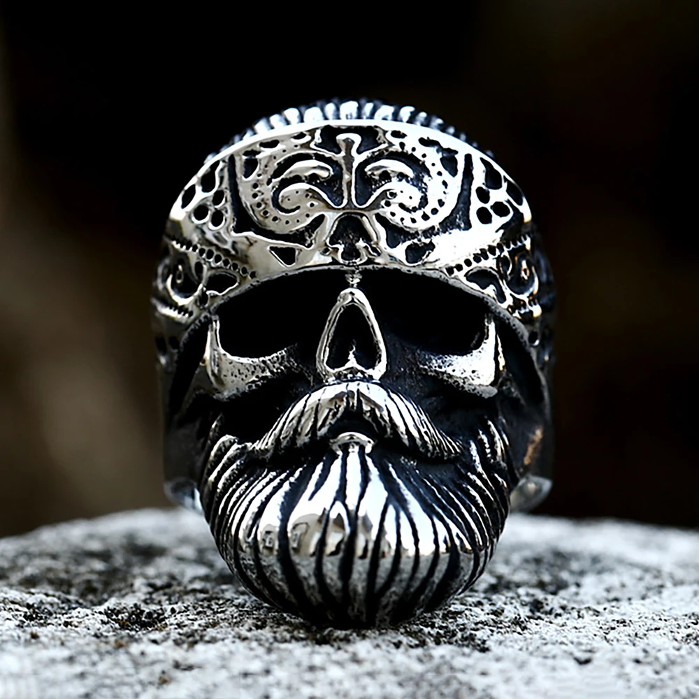 Retro Big Beard Wear Hat Skull Rings For Men Stainless Steel Cool Punk Skull Biker Skull Ring Fashion Jewerly Gift Dropshipping