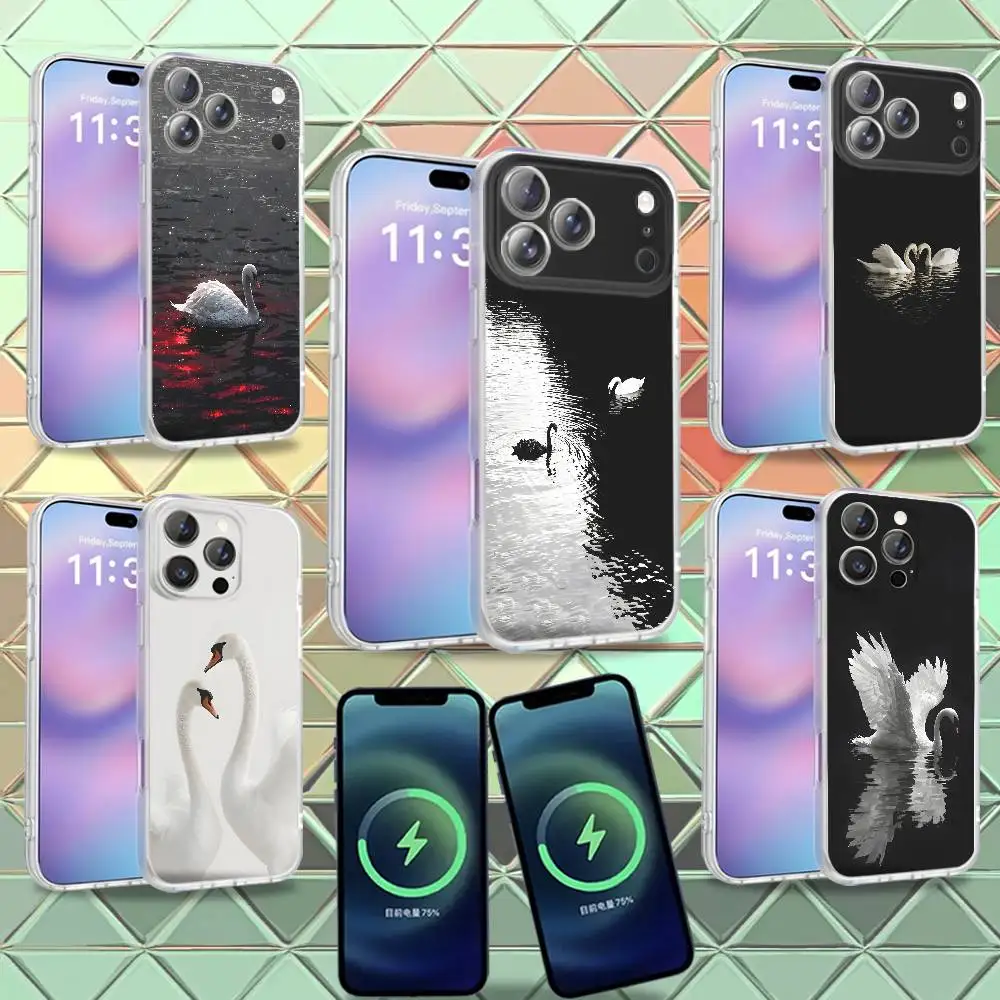 Elegant Black and White Swan Phone Case For iPhone 16,14,11,17,13,15,12,Air,Plus,Pro,Max,E,Mini Frosted for Magnetic Wireless