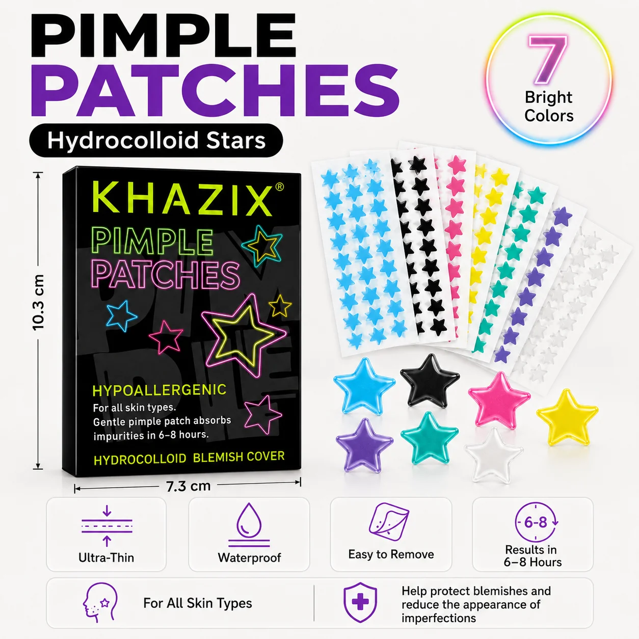 Star-Shaped Pimple Patches, 7 Color Hydrocolloid Acne Spot Covers, 125pcs, Ultra-Thin, Waterproof, Easy to Use