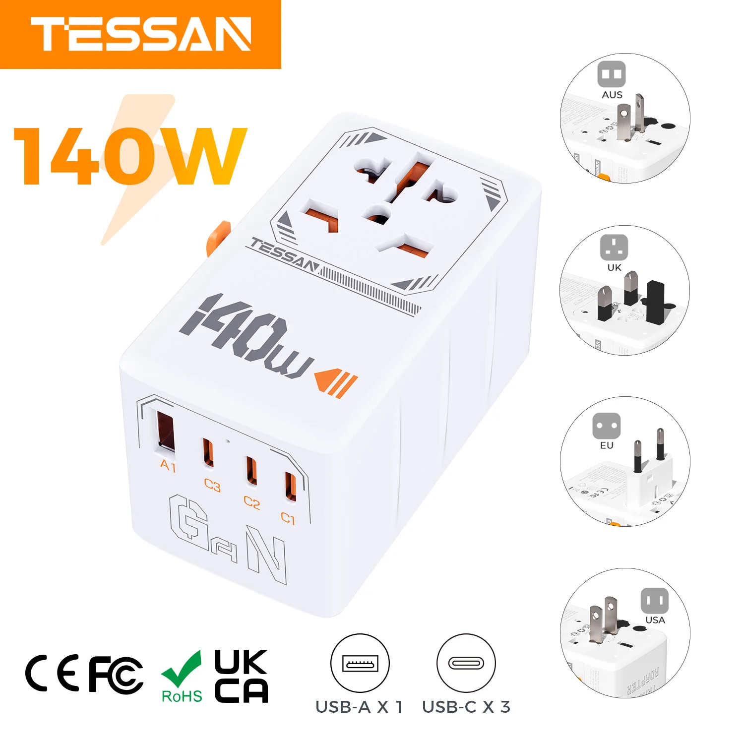 تيسان 140 واط/100 واط/65 واط GaN محول السفر العالمي مع USB ونوع C شحن سريع محول الطاقة الاتحاد الأوروبي/المملكة المتحدة/الولايات المتحدة الأمريكية/الاتحاد الأفريقي التوصيل للسفر