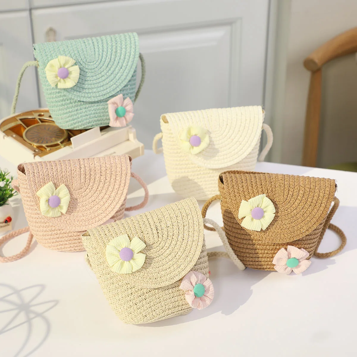 Cute Flower Children's Woven Crossbody Bag Lovely Bowknot Baby Girls Straw Shoulder Bags Sweet Kids Coin Purse Beach Handbags