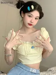 Puff Sleeve Blouses Women Crop Tops Sweet Flower-decoration Slim Tender Summer Chic Simple Korean Style Students Clothing Casual