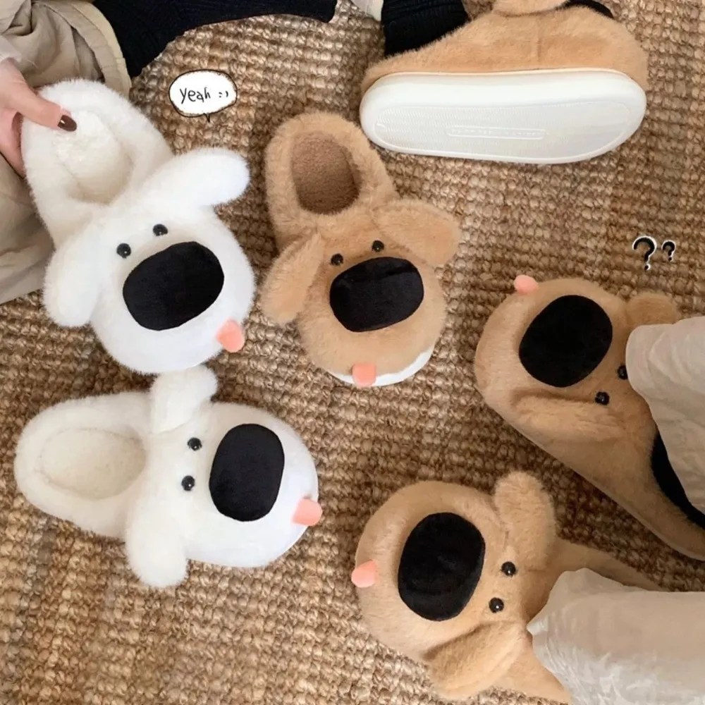 

Cute Creative Big Nose Puppy Slippers Soft Fluffy Plush Dog Shape Slippers Non-Slip Thick Sole Winter Home Slippers Girls