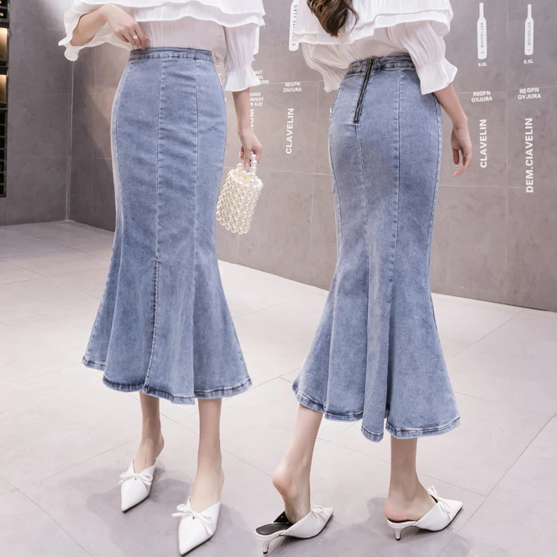 

Fashion Sexy Splicing Fold Woman Skirts Womens Medium-long Jean Fishtail Skirt Casual Female Girls Denim Skirt Dropshipping 2