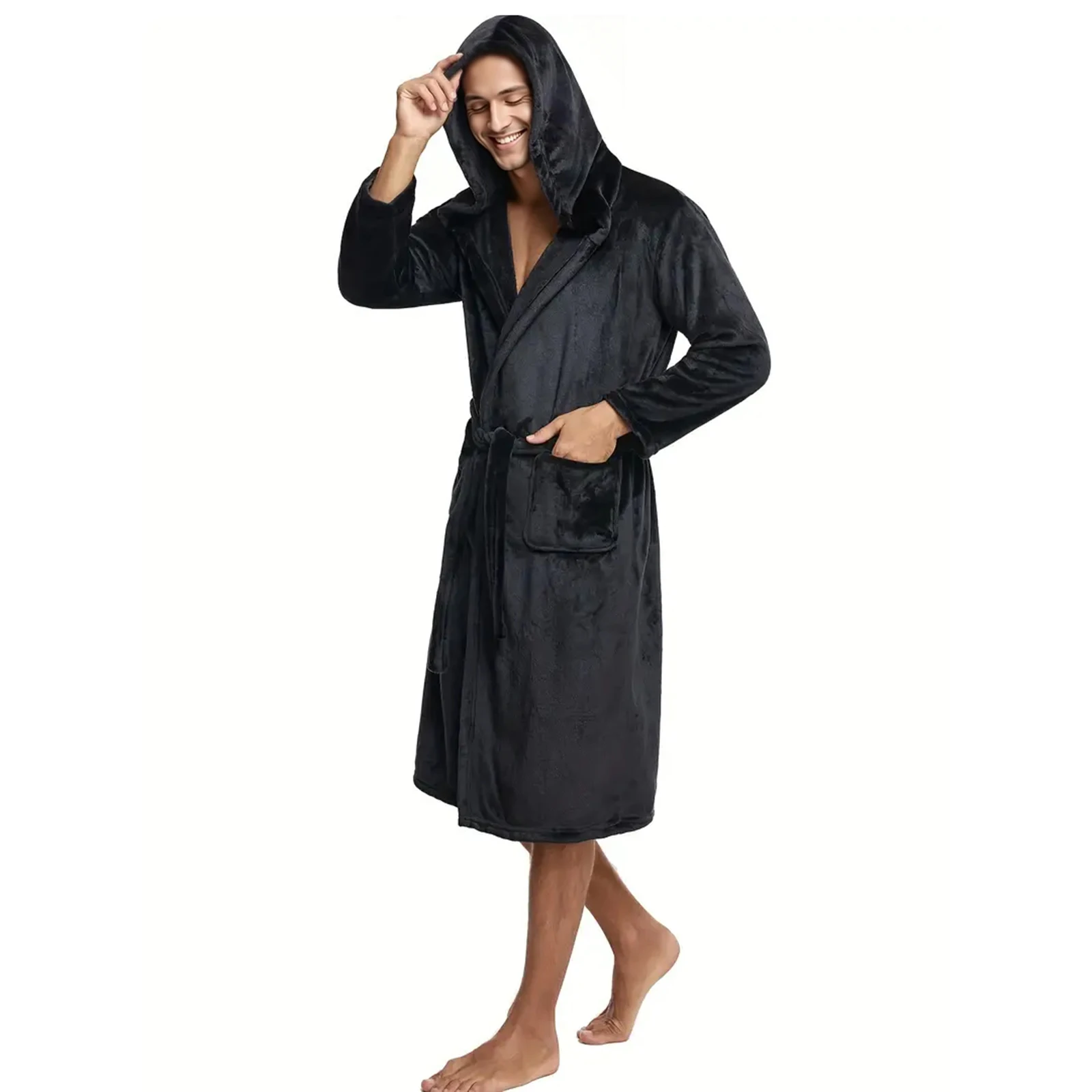 2026 معطف شتوي رجالي أفخم الصوف مقنعين رداء الذكور موضة لينة الدافئة طويلة البشكير مع جيوب ، دافئ سبا دش الجلباب