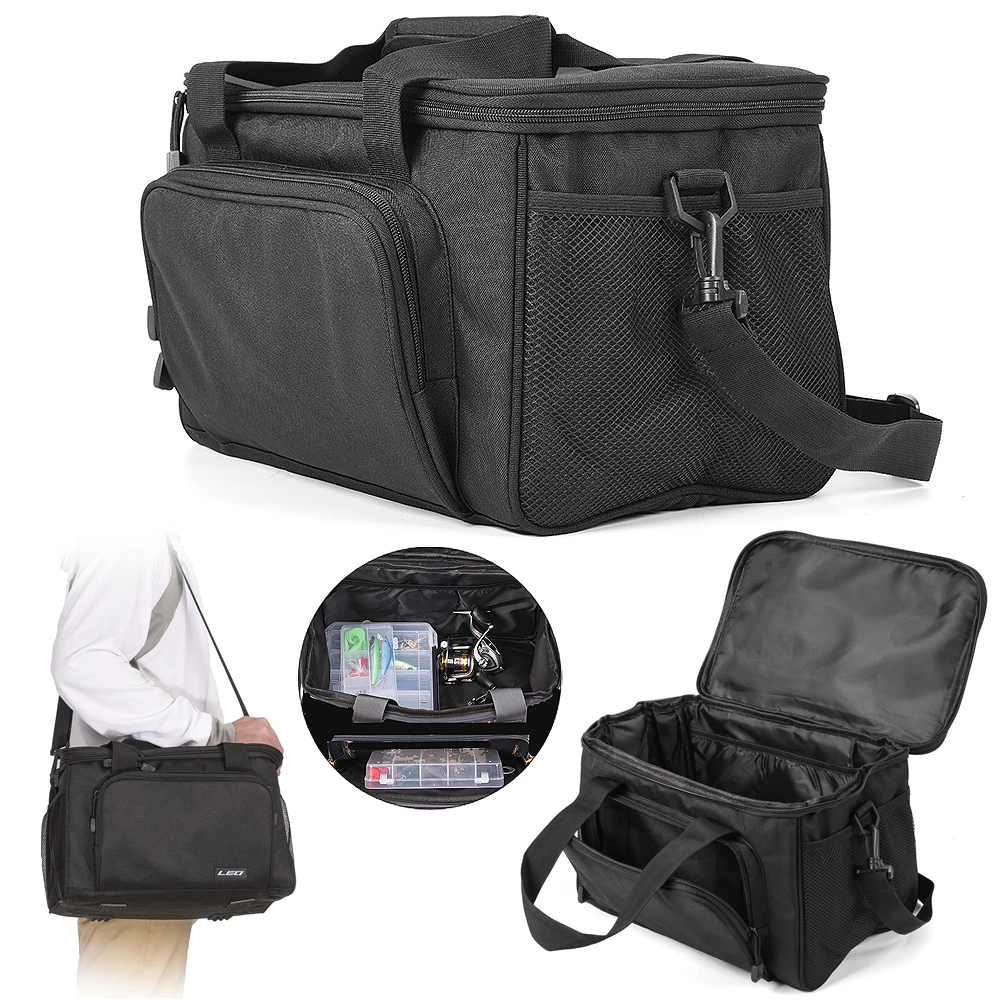 Black Outdoor Fishing Bag Multifunctional Waterproof Oxford Shoulder Messenger Fishing Tackle Reel Lure Camera Storage Bag