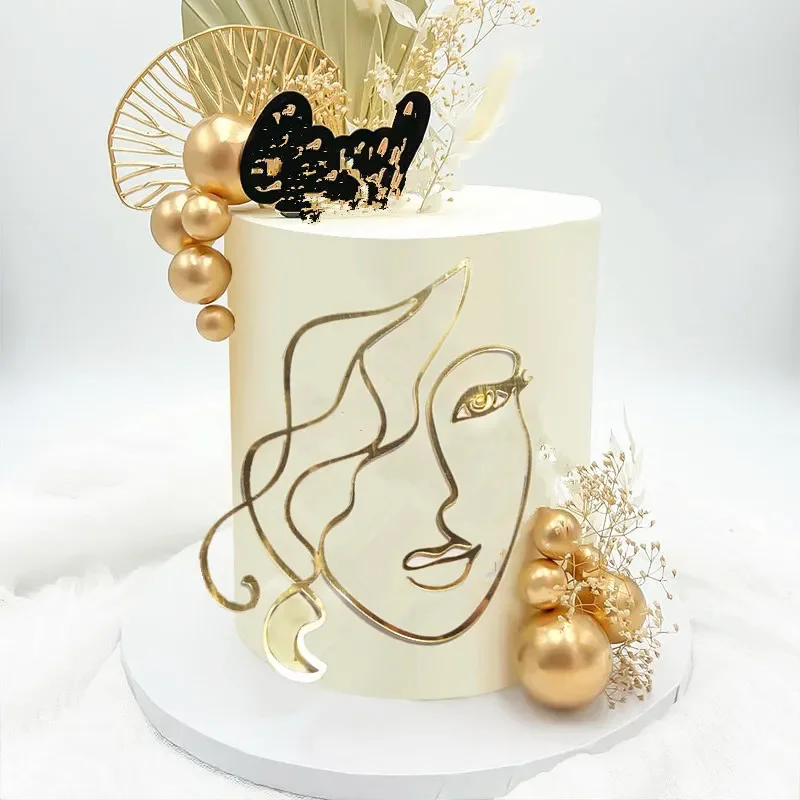 Ins Line GirlHappy Birthday Cake Topper Dekoration Gold Acryl Abstrakte Kunst für Hochzeit Mädchen Party Cake Topper Backzubehör – Detail 12