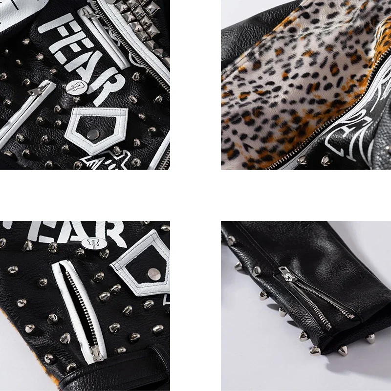 Jaqueta feminina de couro falso, patchwork leopardo, rebites streetwear, estampa grafite, estilo punk, tendência, 2024