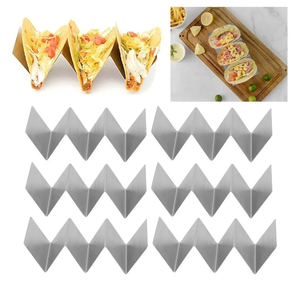 6pcs Stainless Steel Taco Holder Stand 3-Slot Design W Wavy Shape Stainless Steel Taco Rack Open-Ended Two Sides Baked Taco Rack