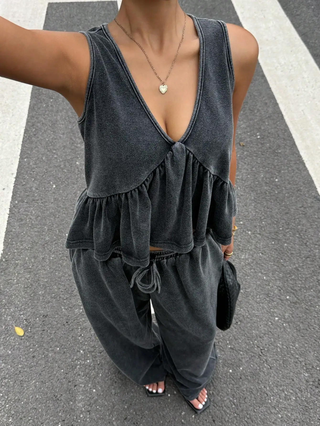 Women's Washed Grey V-Neck Ruffled Cami and Wide-Leg Pants Set