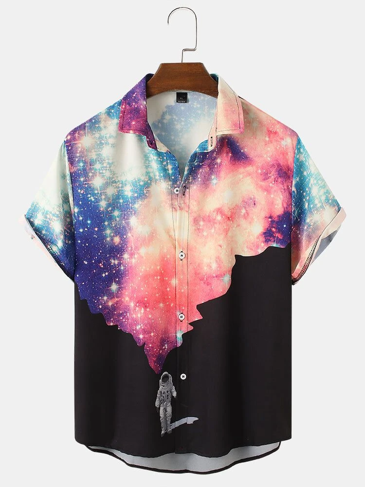 Men\'s shirts dreamy starry sky print fashion press men\'s lapel tops Hawaiian style men\'s short-sleeved shirts 2024 new style