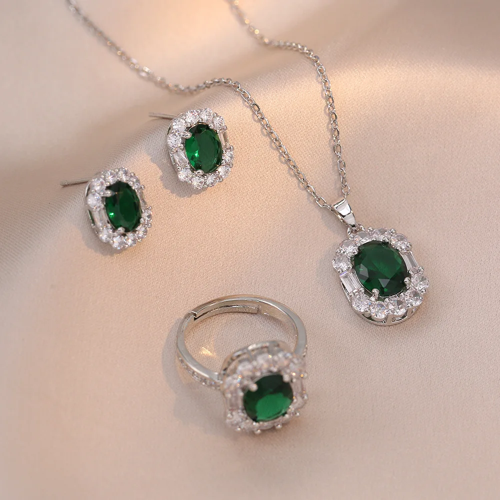 Oval Red Green Stone Square Stud Earrings Ring Pendants Clavicle Necklaces For Women Silver Color Zircon Bridal Jewelry Sets CZ