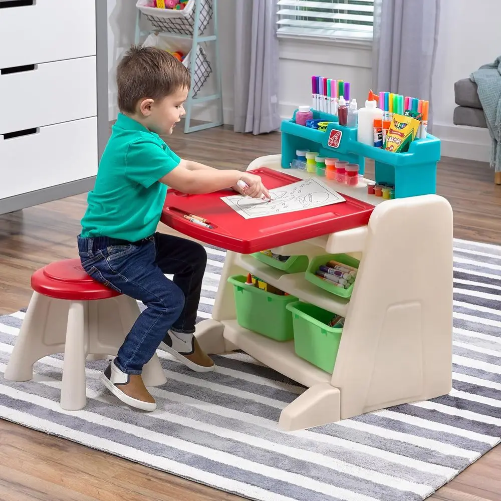 Flip & Doodle Easel Desk With Stool, Kids 2 in 1 Activity Table, Art Board, Made of Durable Plastic, For Toddlers 2+ Years Old
