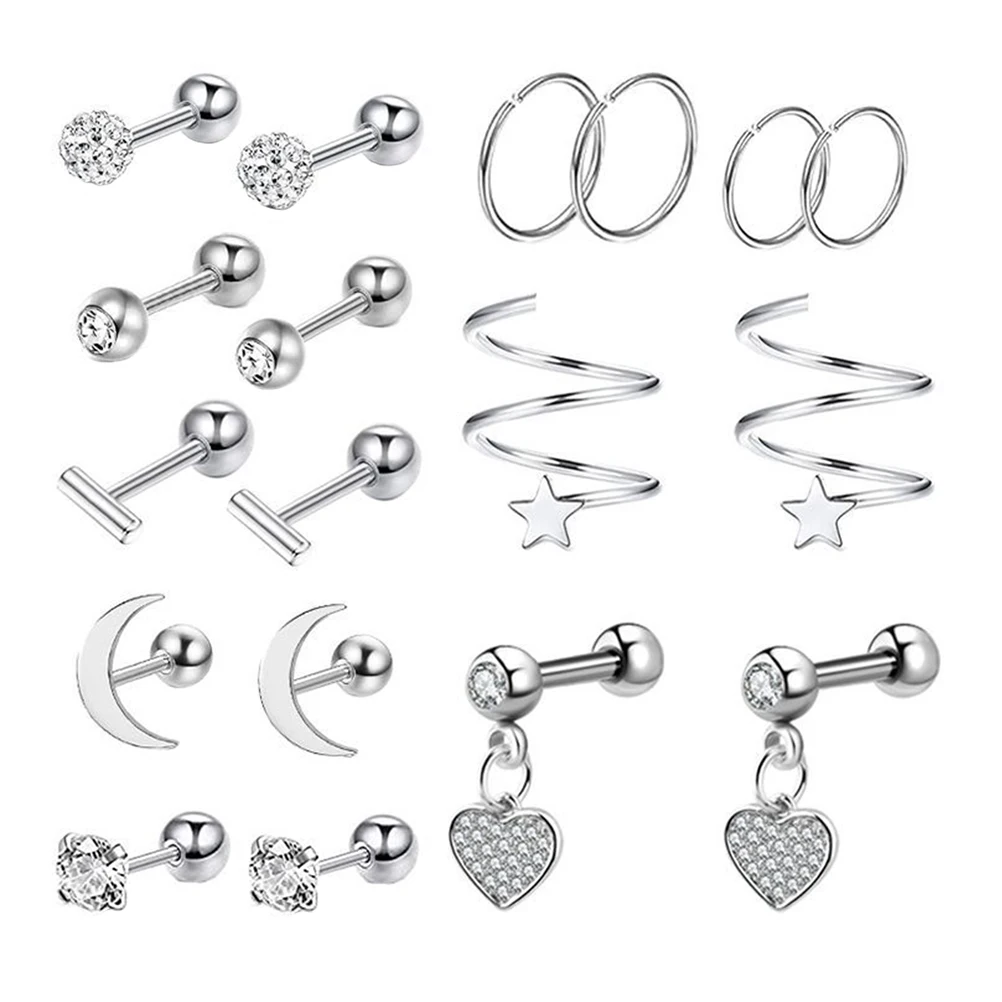 

Stainless Steel Earrings Set Men Ear Studs Rhinestones Piercing Trendy Jewelry Gifts Elegant Stylish Accessories