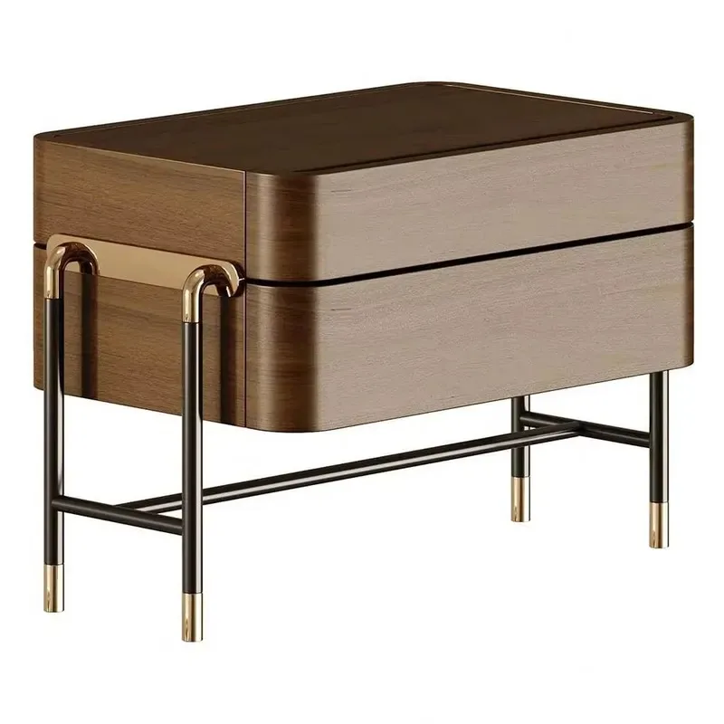 Modern Wooden Bedside Table with Drawers Black Gold Metal Legs Walnut Decorative Nightstand Bedroom Furniture Storage Cabinet