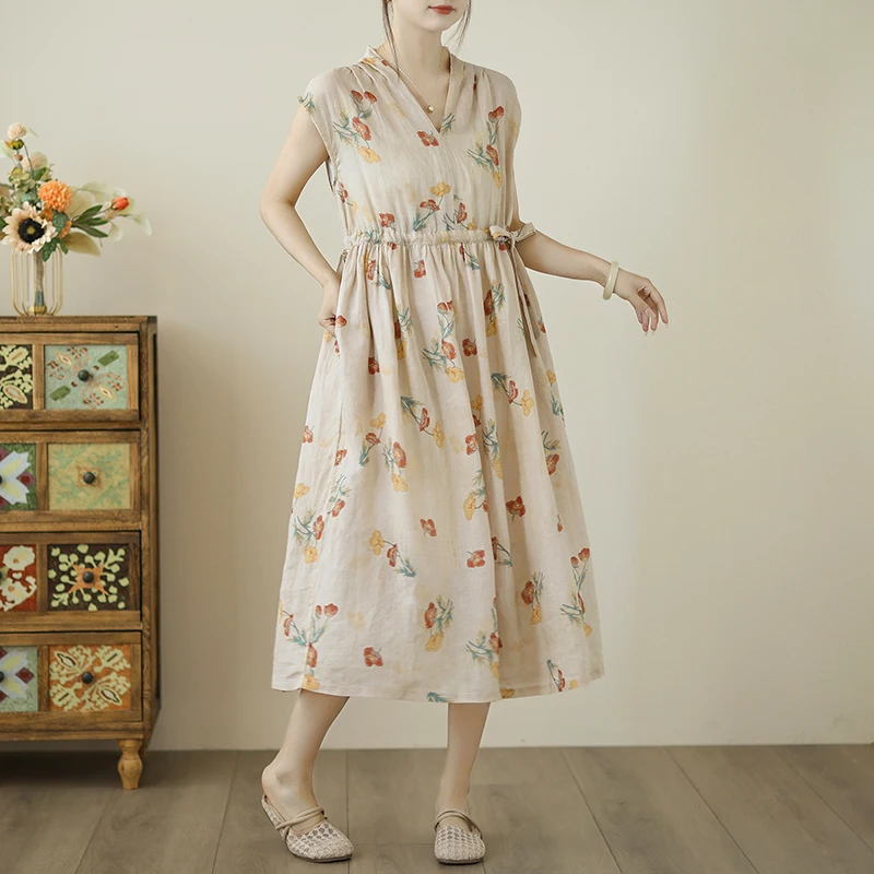 Robe longue en coton et lin pour femmes, imprimé Floral rétro, élégante, ample, décontractée, style Boho, plage, nouvelle collection été