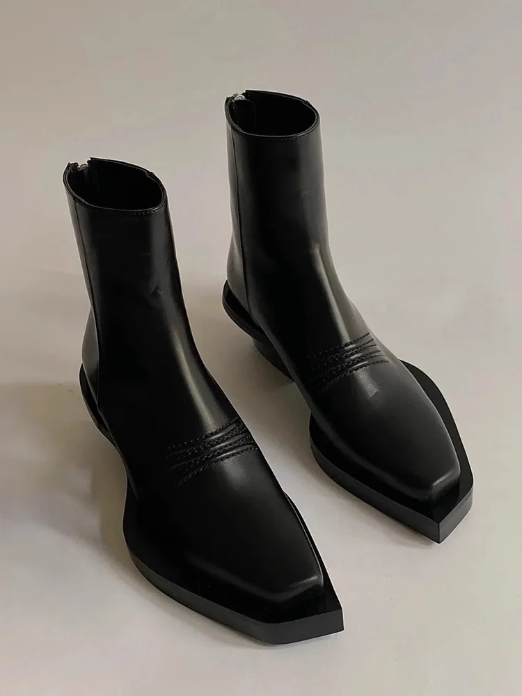 

6Cm Thick Soled Chelsea Boots for Women Square Toe Height Increasing Short Boots Thick Heels Back Zipper Duck Feet Trendy Shoes