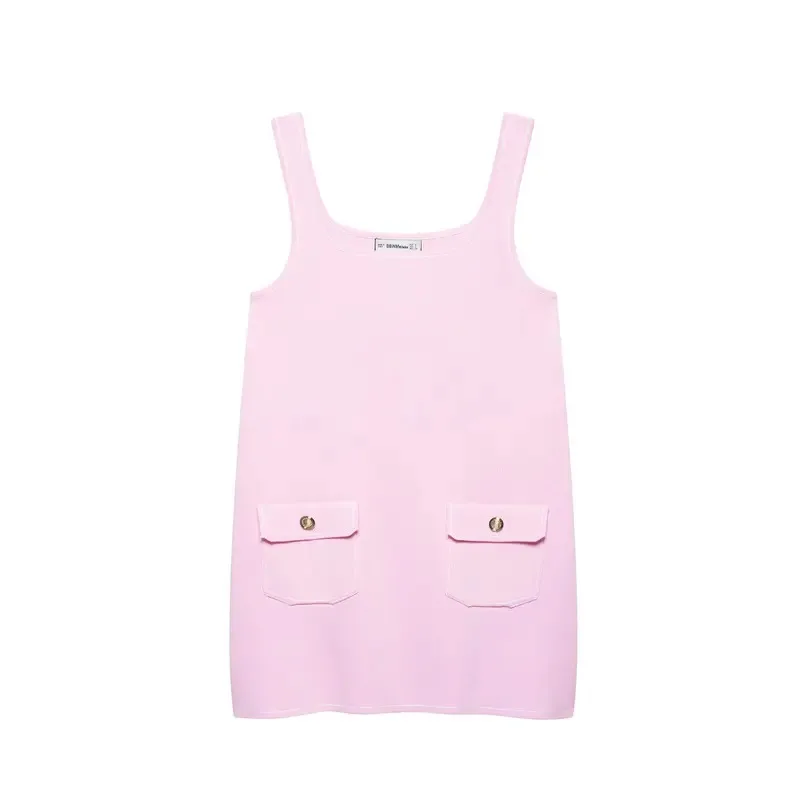

Women's Sleeveless Knitted Mini Dress Summer Sweet French Style with Pockets Elegant Party Wear