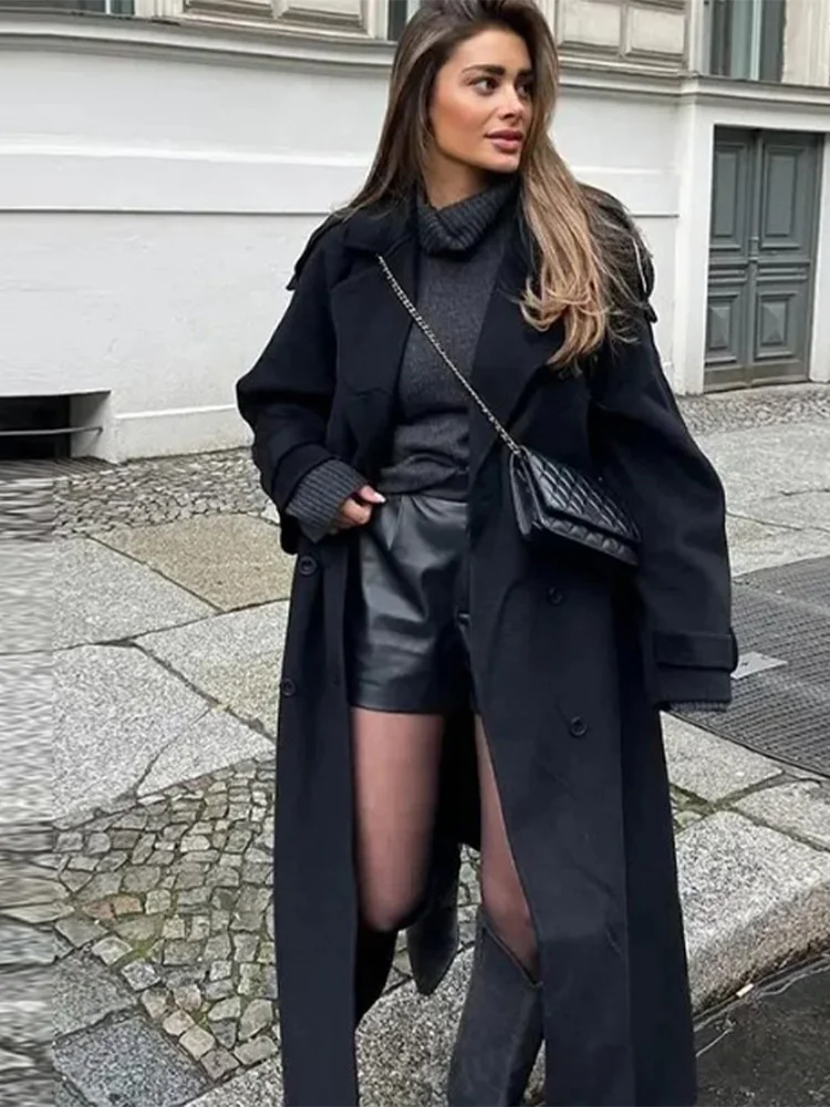 Elegant Woolen Label Long Coat With Belt Green Loose Full Sleeve Pocket Coats 2026 Autumn Winter Solid Patchwork Outwear Lady