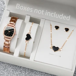 5PCS/Set Fashion Square Women Watches Stainless Steel Band Analog Quartz Wrist Watch Heart Jewelry Set（Without Box）