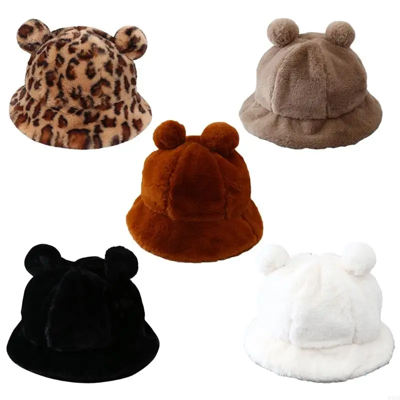 

P88B Women Winter Plush Warm Bucket Hat Bear Ears Cloche Fisherman