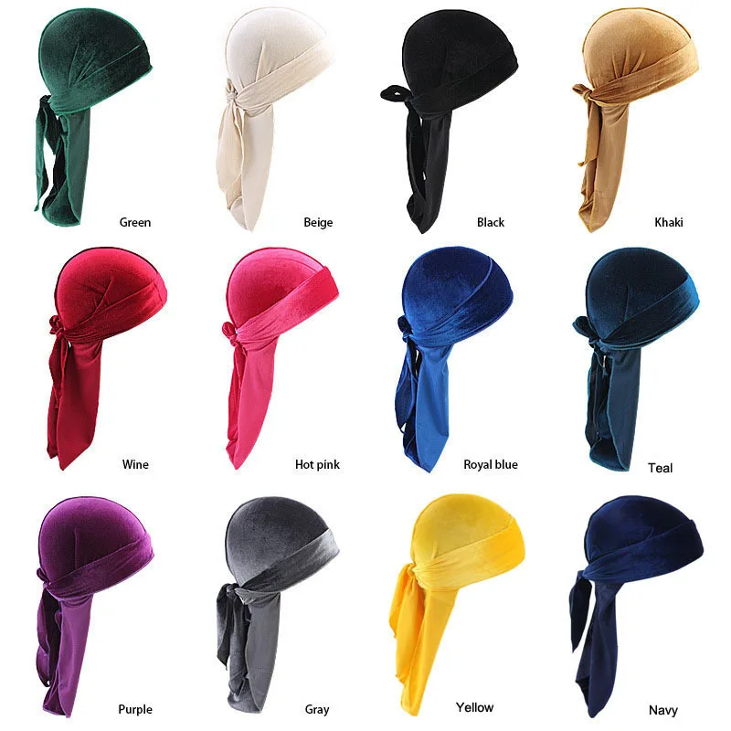 Fashion Velvet Bandana Hats Durag For Men Women Du Rag Unisex Solid Head Wrap Stretch Riding Helmet Bottom Hat Pirate Bonnet Hat