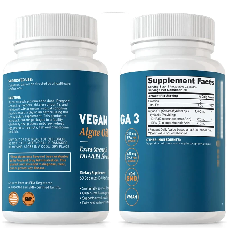 Cápsulas de óleo de algas ômega-3, Vegetariano, Não OGM, Halal Não, OGM, Halal, 420mg, DHA e 210mg, EPA-60