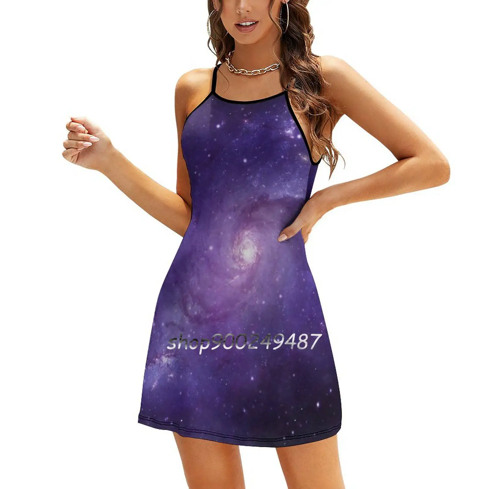 Purple Milky Way Star Galaxy Cosmos Starry Sky Sweetheart Knot Flared Dress Fashion Design Large Size Loose Dress Purple Milky