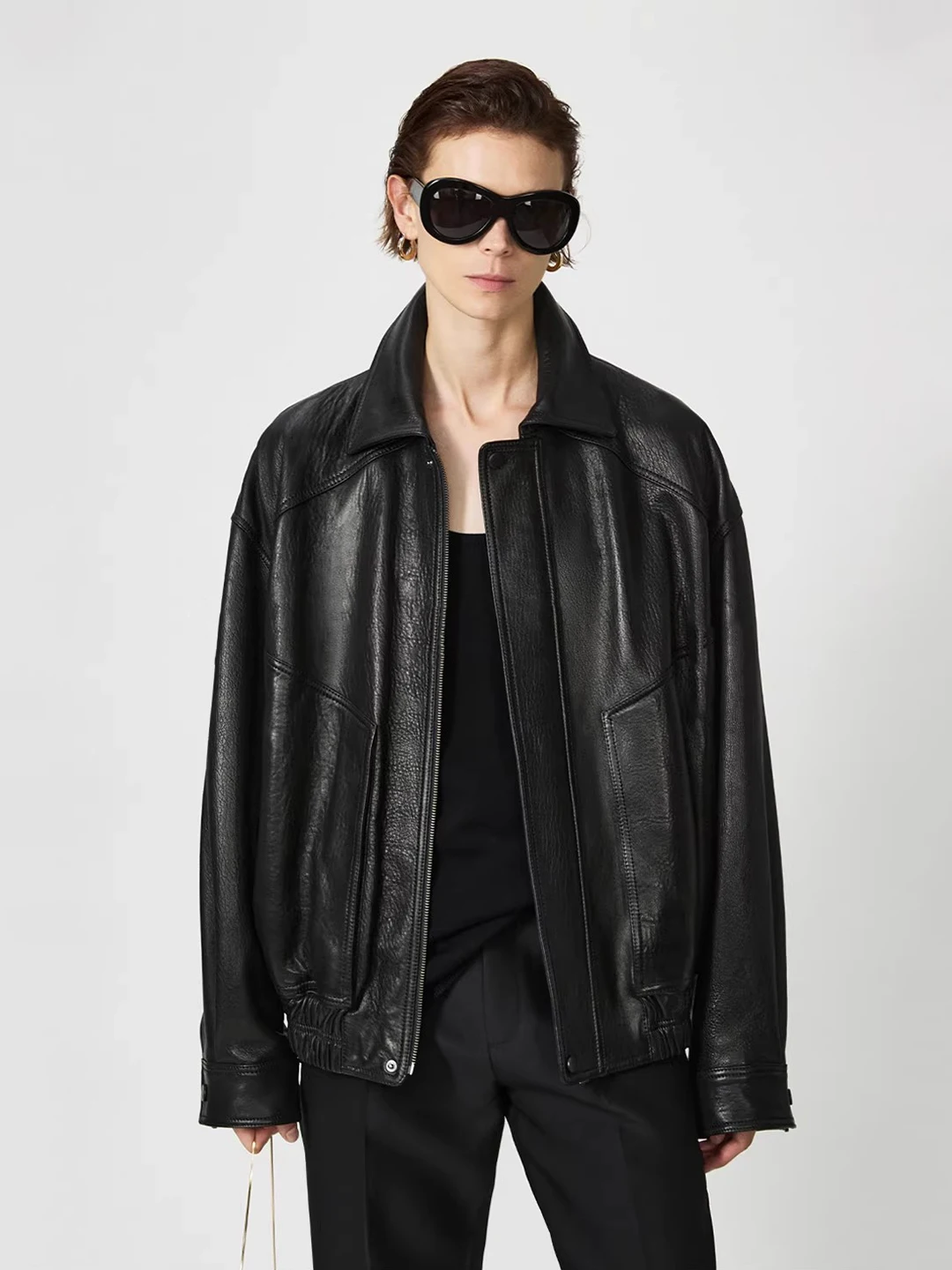 Leather Jaet Suede Cowhide Reverse Velvet Waxed Retro Money Outerwear Women's Casual Sle Long Sve Zipper Closure Coat