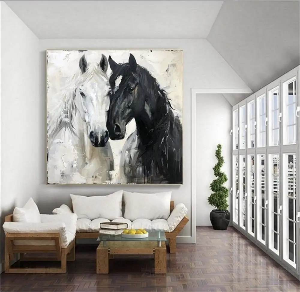 

Custom Design Large Size Handmade Animal White and Black Horse Abstract Oil Painting for Home Living Room Bedroom Wall Art Decor