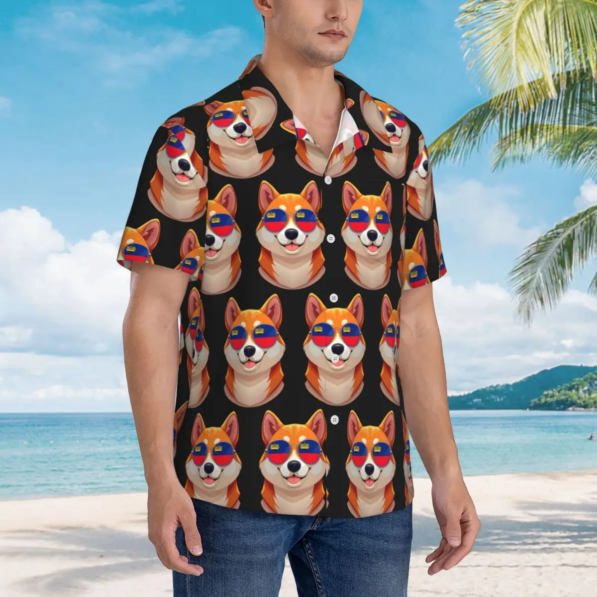 Vintage Patriotic Shiba Inu Liechtensteiner Flag Hawaiian Shirts Casual Men Short Sleeve Shirt for Summer Beach Men's Lapel Tops